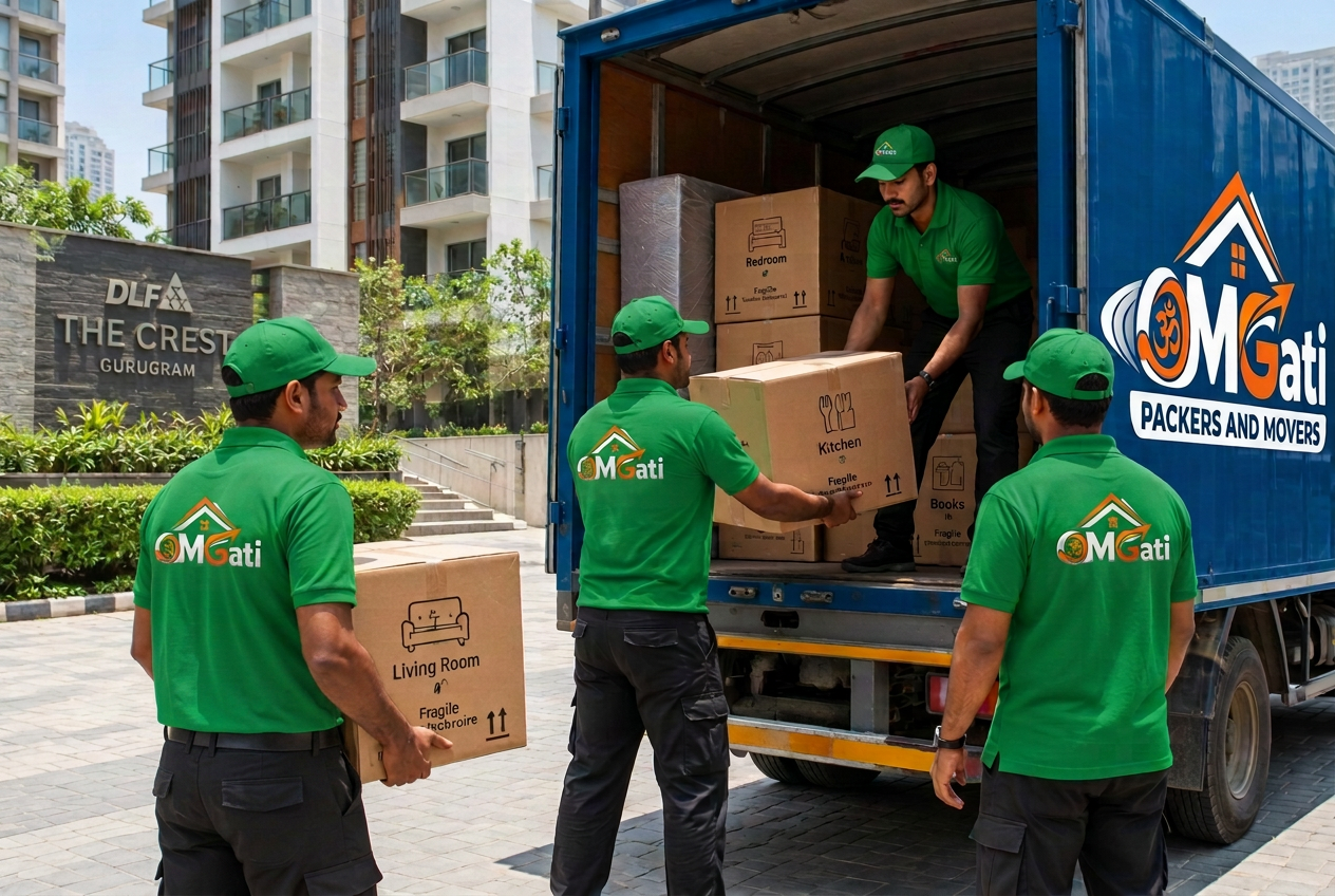 Omgati crew loading cartons into a moving truck